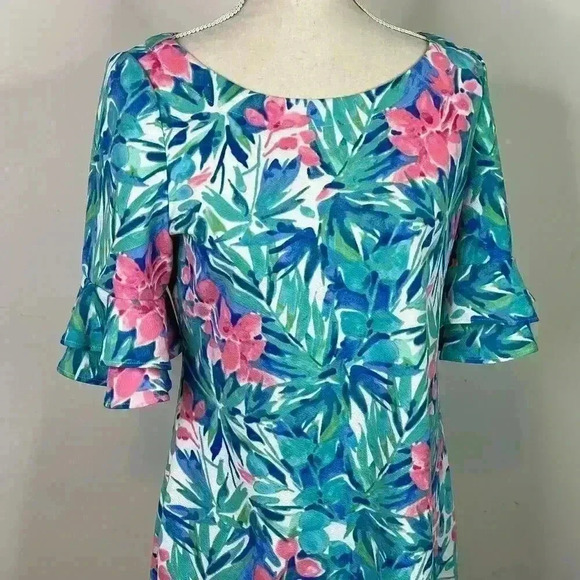 Pappagallo Tropical Floral Ruffle Sleeve Dress Size Medium - Picture 7 of 13